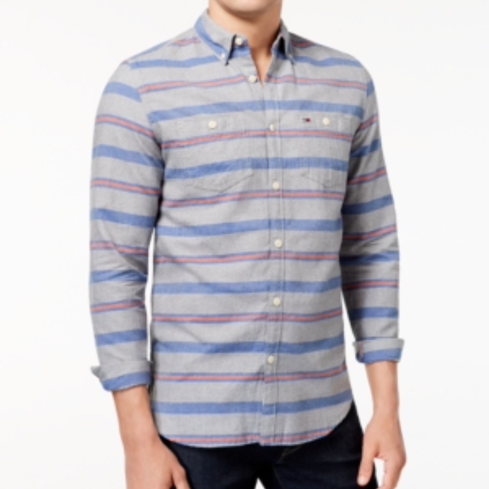 NEW Men's Tommy Hilfiger Striped button down  long sleeve Shirt Grey Blu…